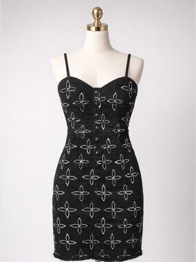 Black Embroidered Denim Button-Front Mini Dress